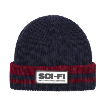 Sci-Fi Fantasy Reflective Patch Striped Beanie (Navy/Red)