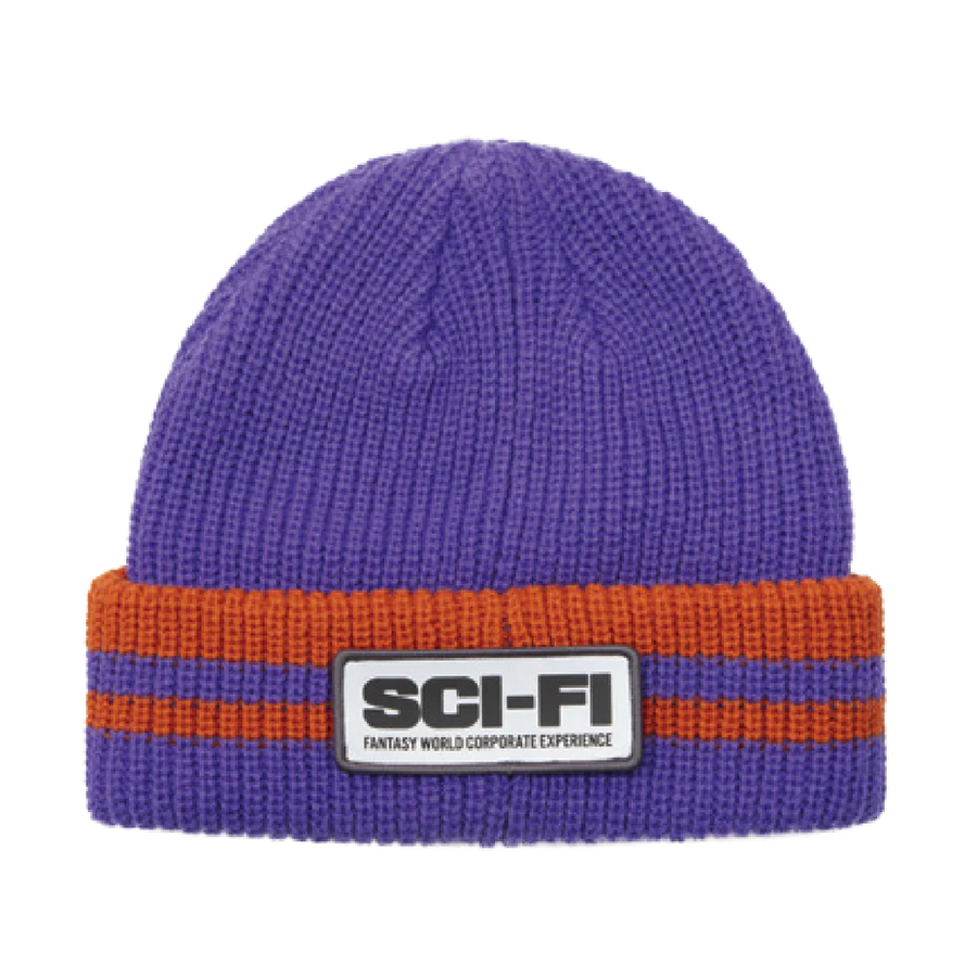 Sci-Fi Fantasy Reflective Patch Striped Beanie (Purple/Orange)